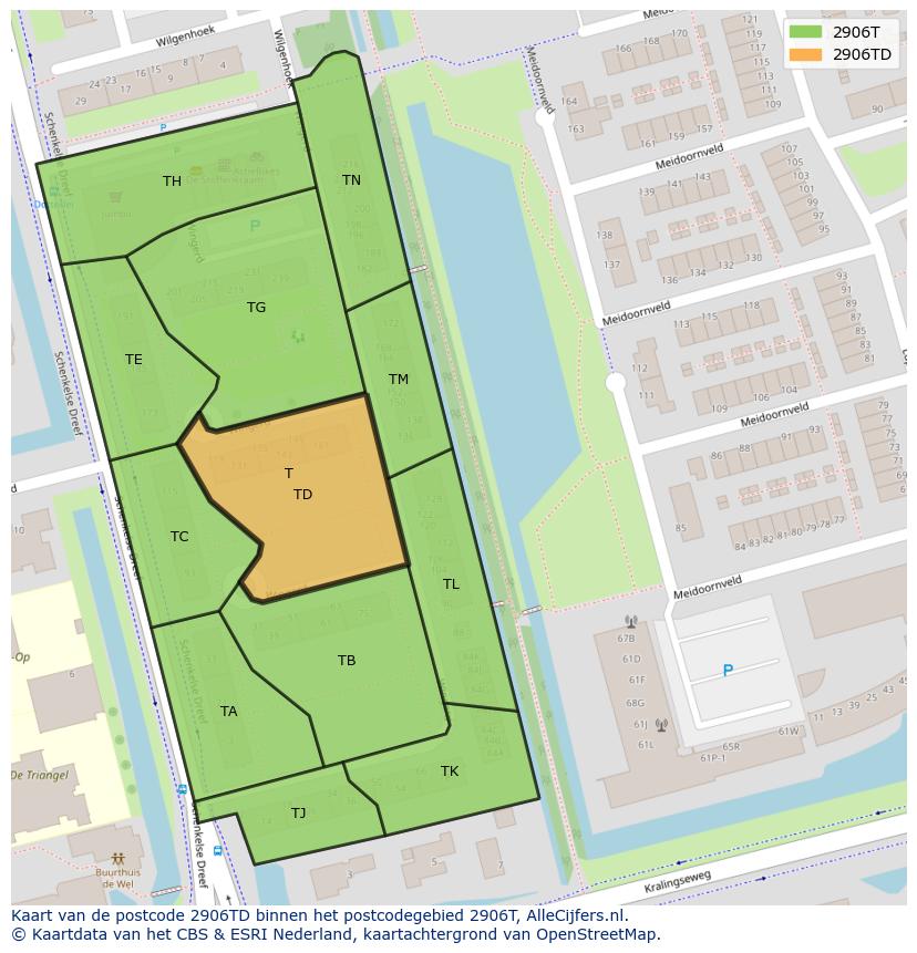 Afbeelding van het postcodegebied 2906 TD op de kaart.