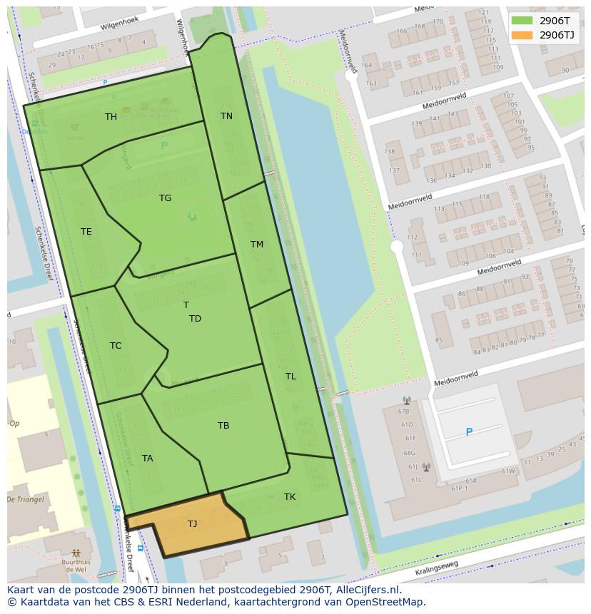 Afbeelding van het postcodegebied 2906 TJ op de kaart.