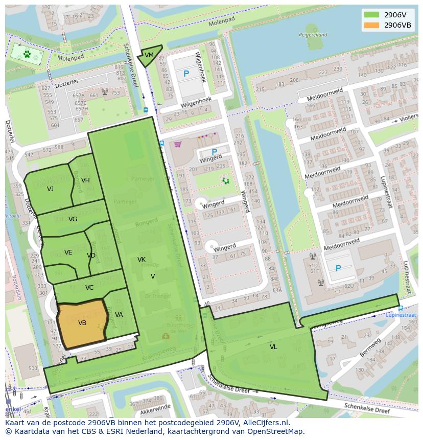 Afbeelding van het postcodegebied 2906 VB op de kaart.