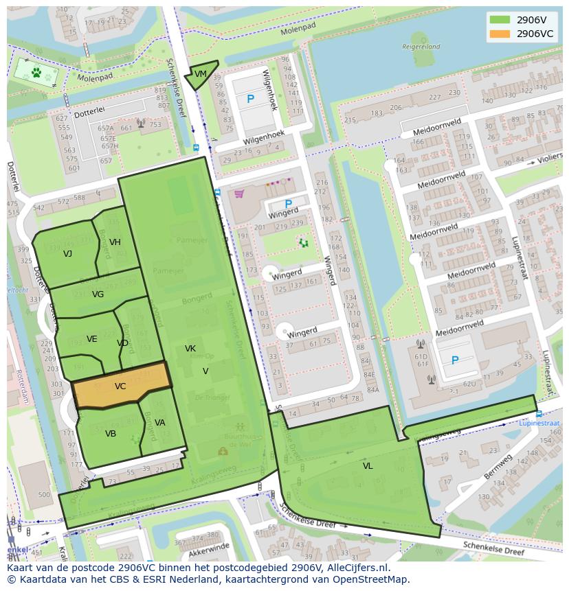 Afbeelding van het postcodegebied 2906 VC op de kaart.