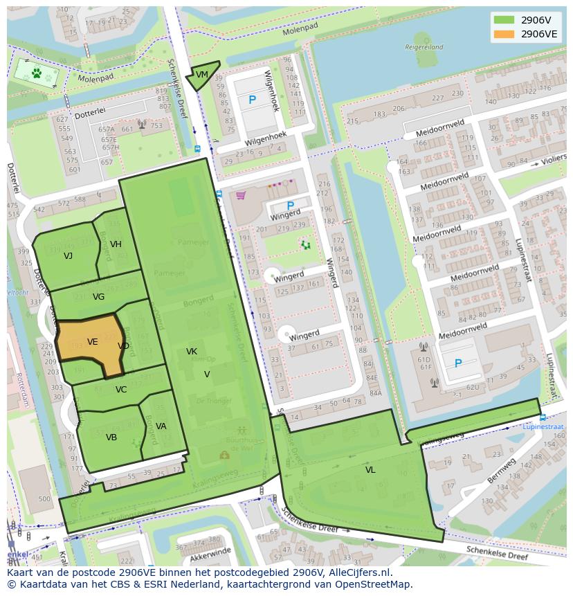 Afbeelding van het postcodegebied 2906 VE op de kaart.