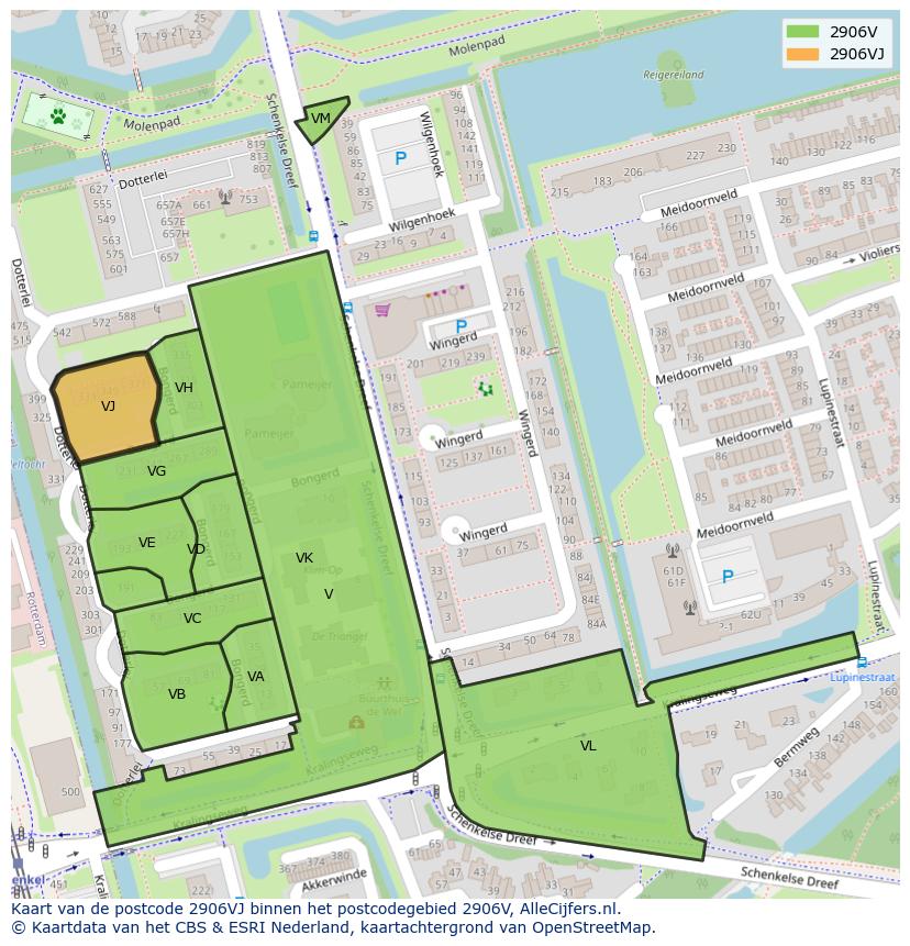 Afbeelding van het postcodegebied 2906 VJ op de kaart.