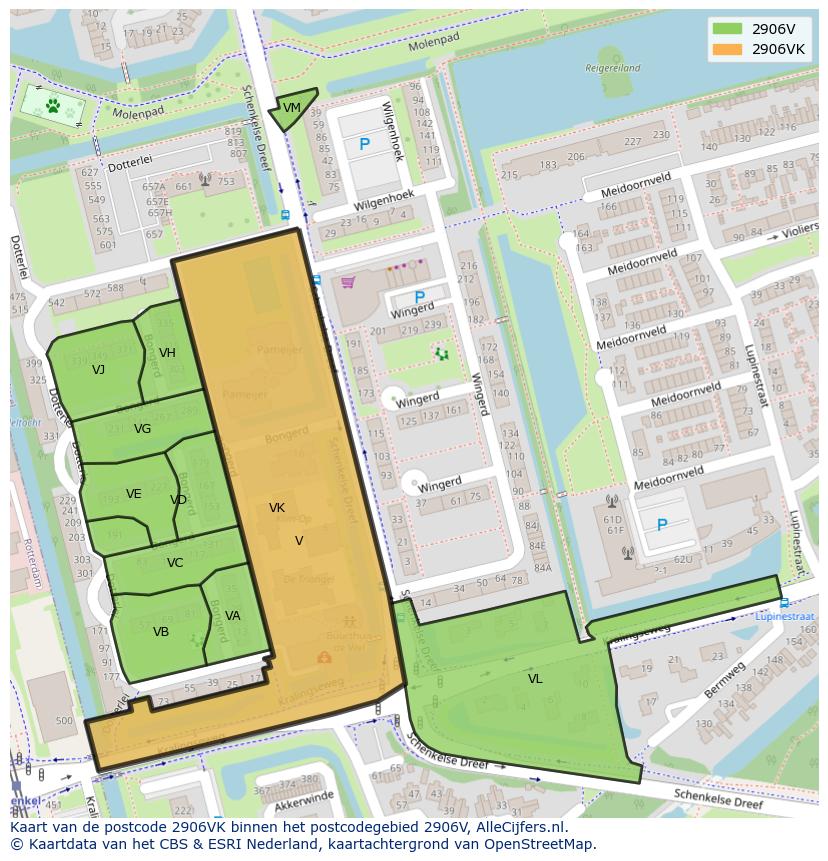 Afbeelding van het postcodegebied 2906 VK op de kaart.