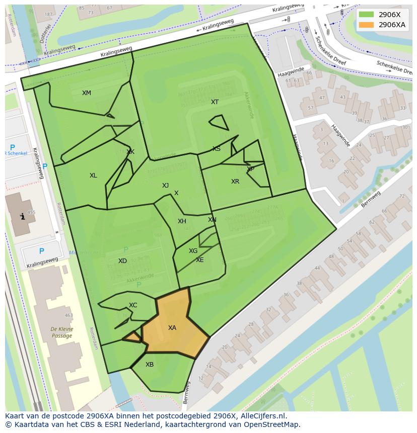 Afbeelding van het postcodegebied 2906 XA op de kaart.