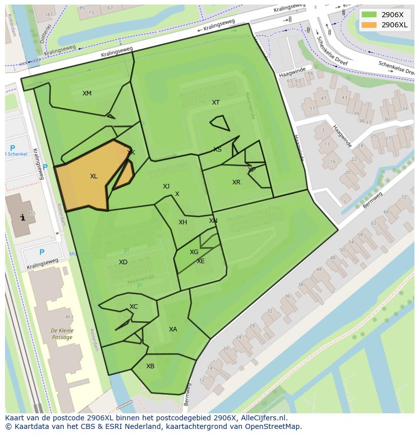 Afbeelding van het postcodegebied 2906 XL op de kaart.