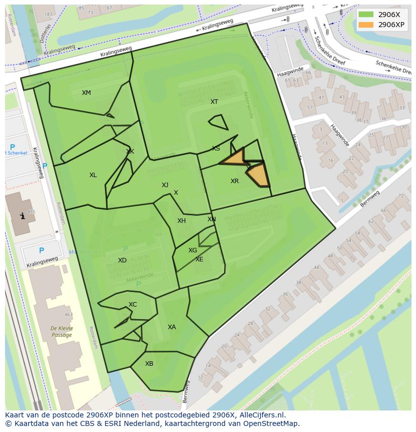 Afbeelding van het postcodegebied 2906 XP op de kaart.