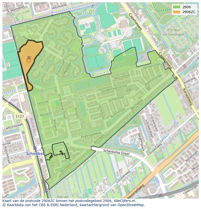 Afbeelding van het postcodegebied 2906 ZC op de kaart.