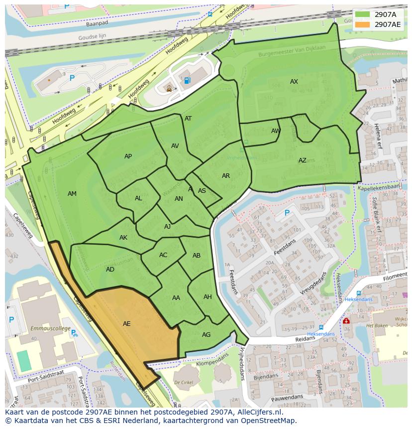 Afbeelding van het postcodegebied 2907 AE op de kaart.