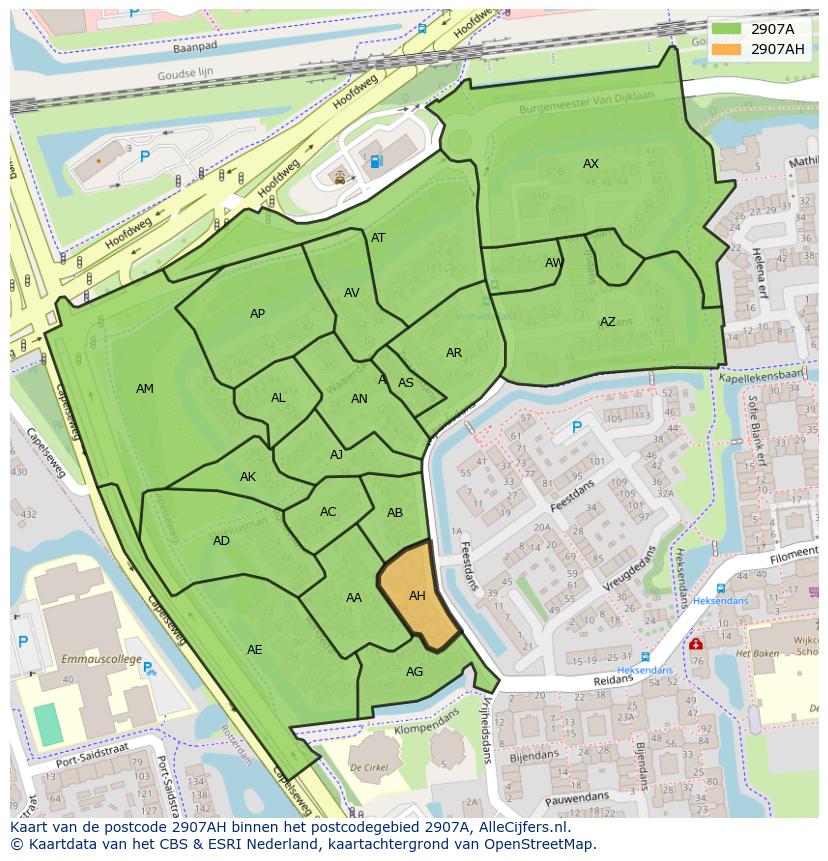Afbeelding van het postcodegebied 2907 AH op de kaart.