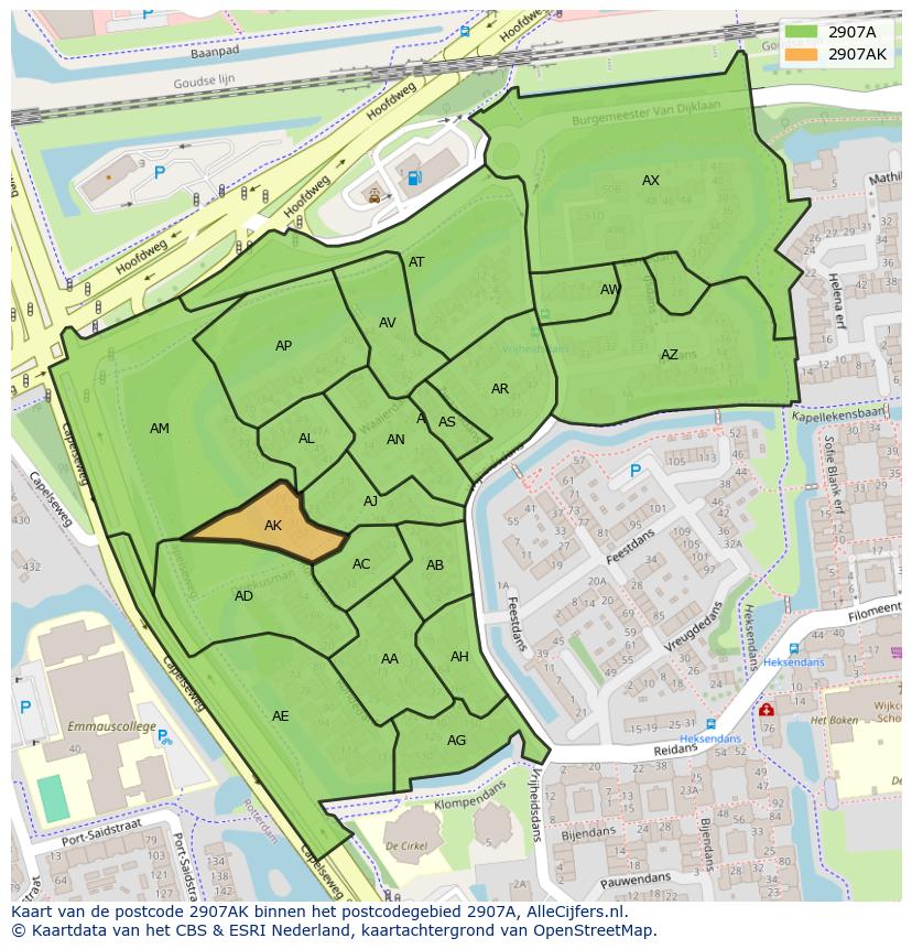 Afbeelding van het postcodegebied 2907 AK op de kaart.