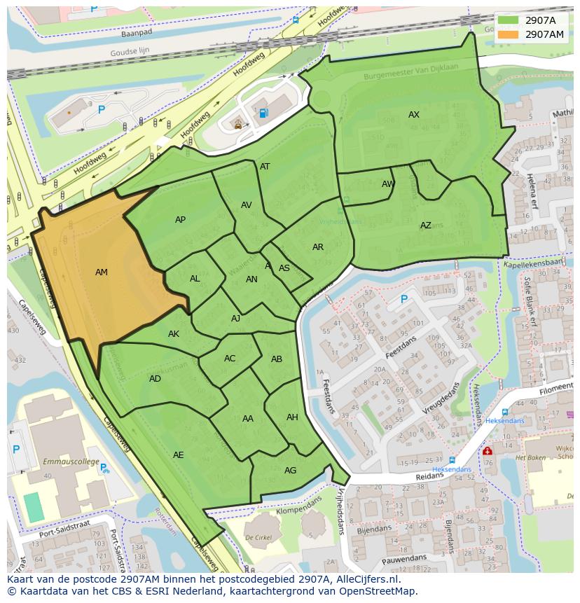 Afbeelding van het postcodegebied 2907 AM op de kaart.