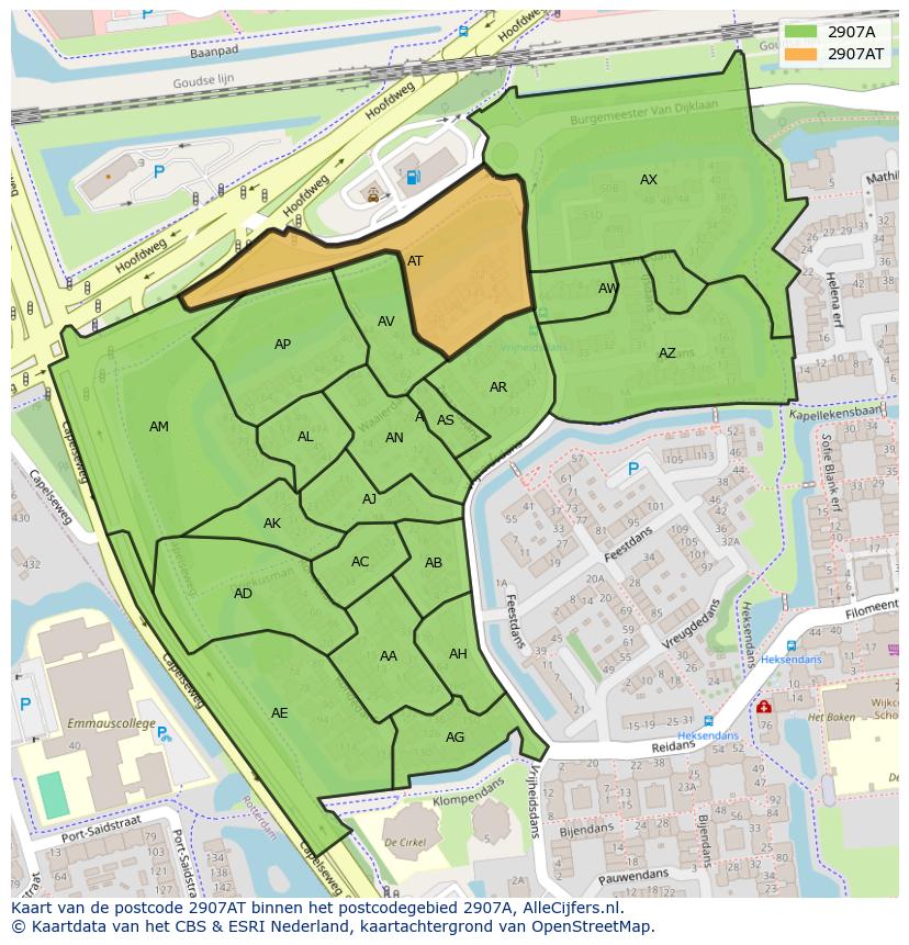 Afbeelding van het postcodegebied 2907 AT op de kaart.