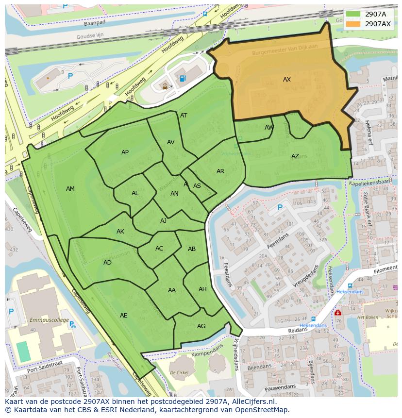 Afbeelding van het postcodegebied 2907 AX op de kaart.