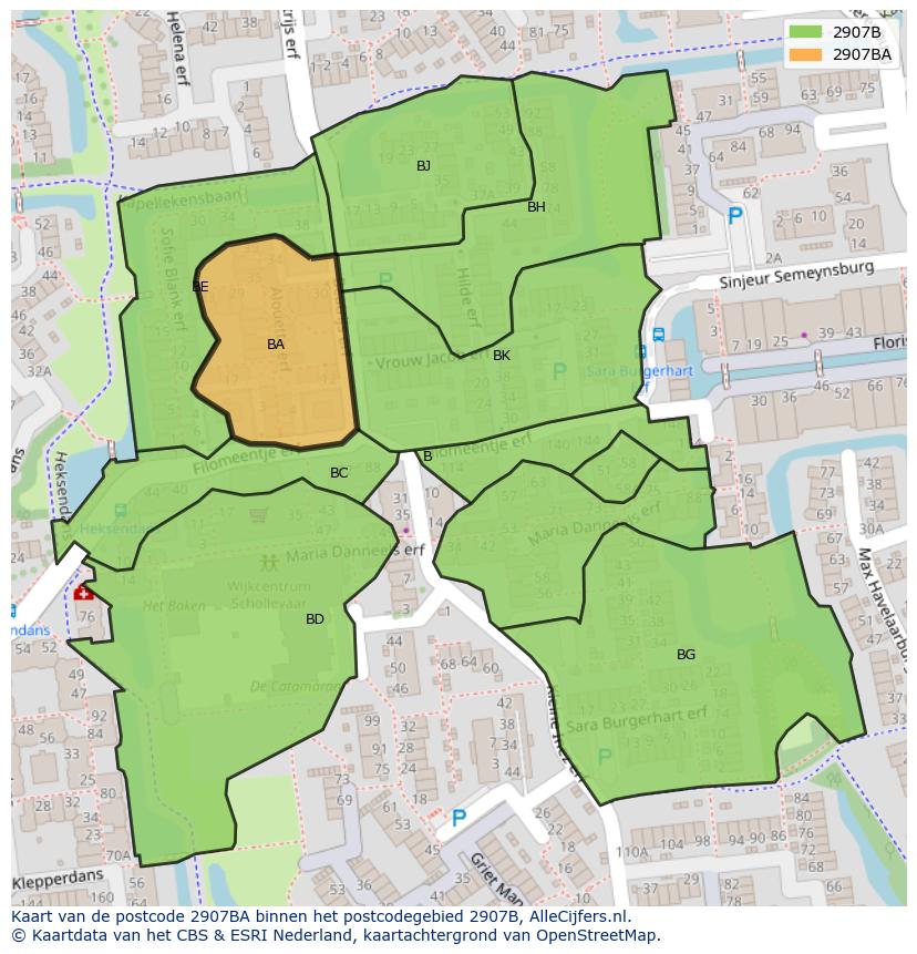Afbeelding van het postcodegebied 2907 BA op de kaart.