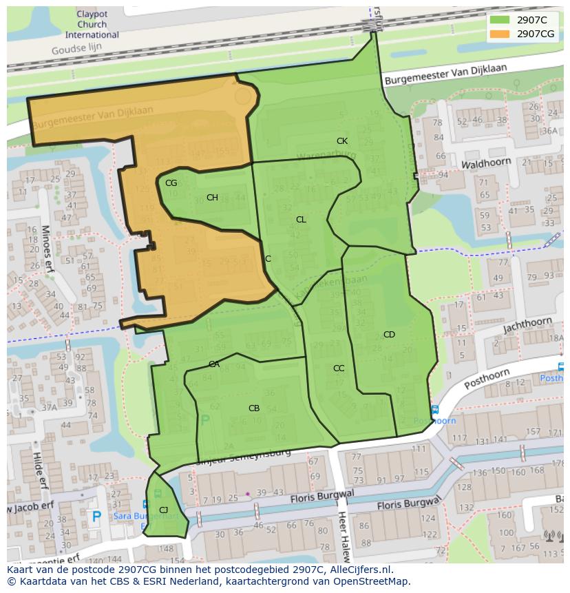 Afbeelding van het postcodegebied 2907 CG op de kaart.