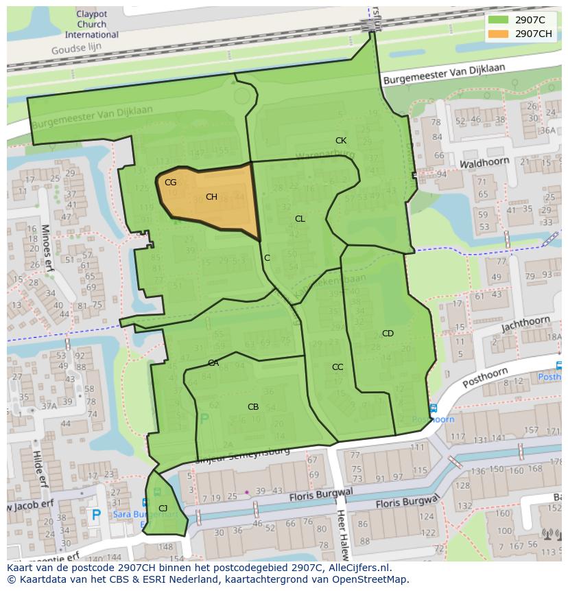 Afbeelding van het postcodegebied 2907 CH op de kaart.