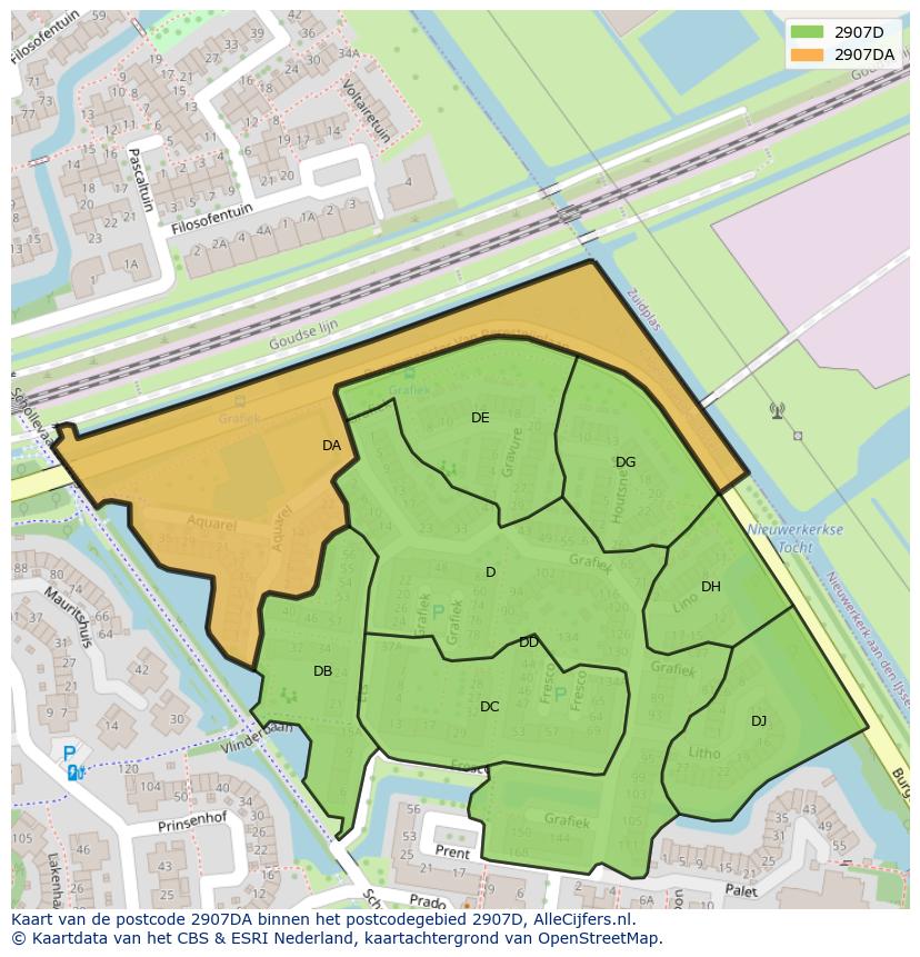 Afbeelding van het postcodegebied 2907 DA op de kaart.