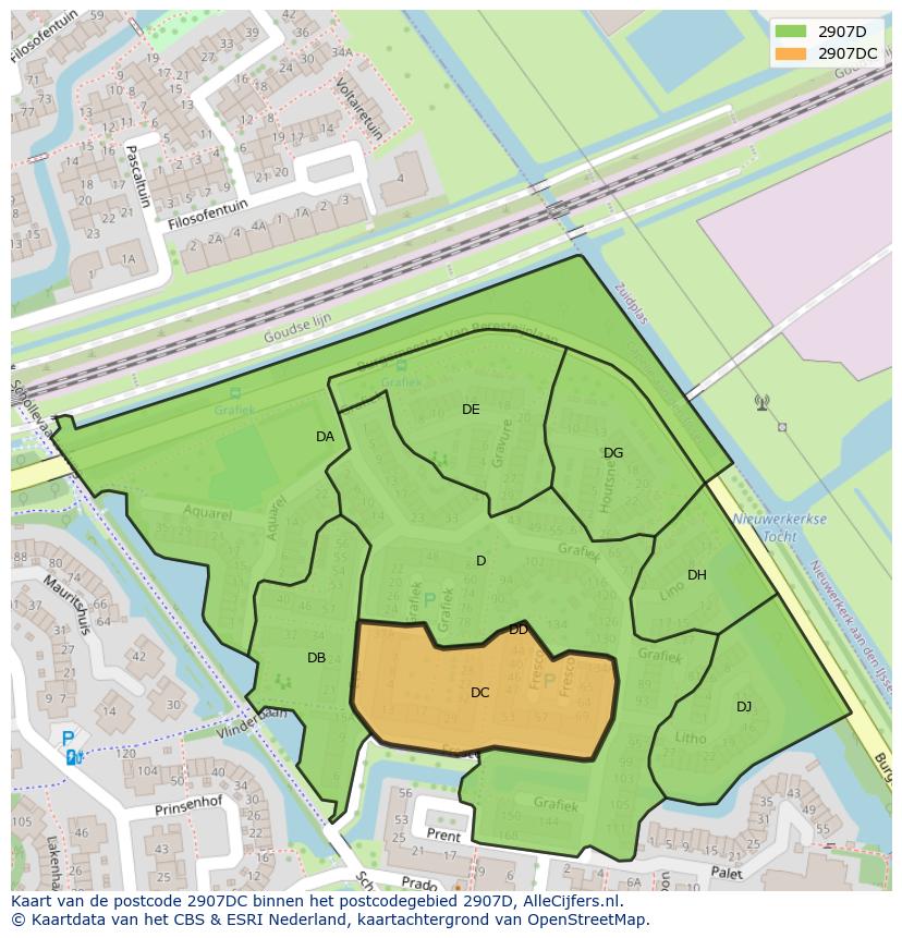 Afbeelding van het postcodegebied 2907 DC op de kaart.