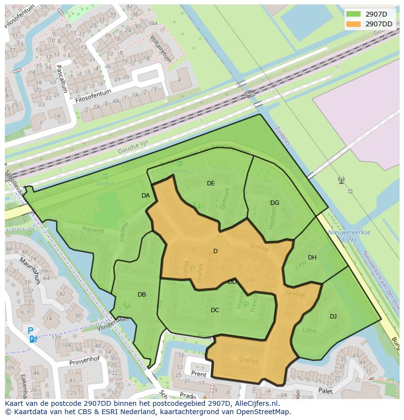 Afbeelding van het postcodegebied 2907 DD op de kaart.