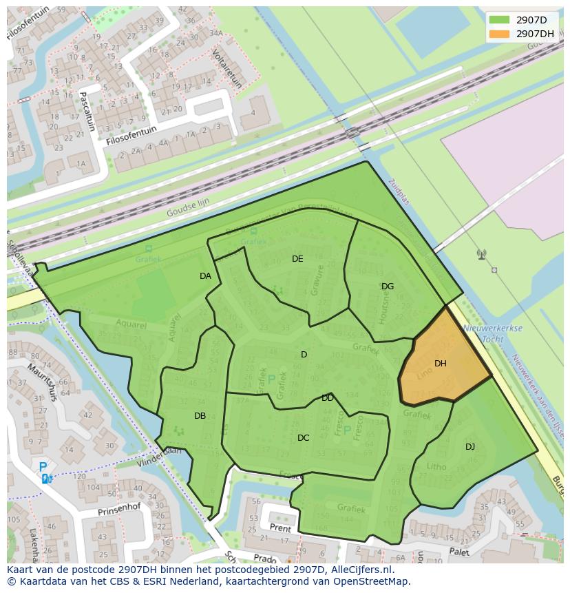 Afbeelding van het postcodegebied 2907 DH op de kaart.