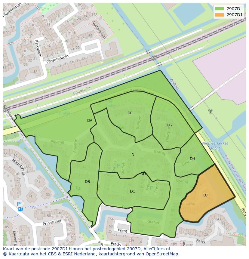 Afbeelding van het postcodegebied 2907 DJ op de kaart.