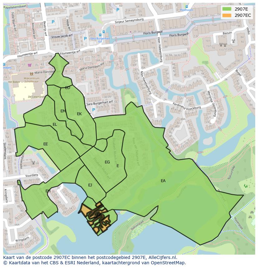 Afbeelding van het postcodegebied 2907 EC op de kaart.