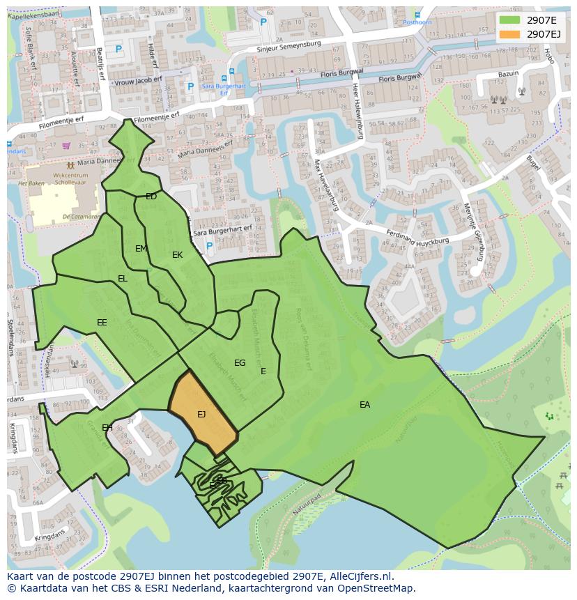 Afbeelding van het postcodegebied 2907 EJ op de kaart.