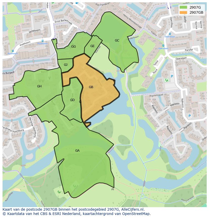 Afbeelding van het postcodegebied 2907 GB op de kaart.