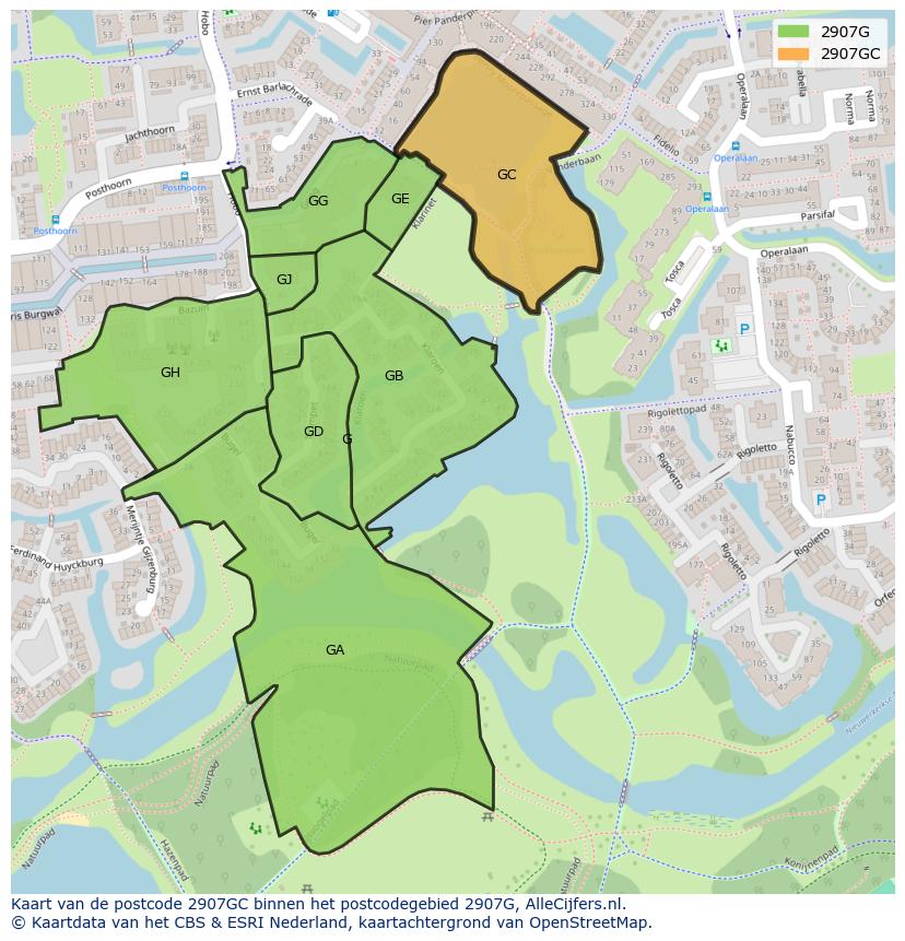 Afbeelding van het postcodegebied 2907 GC op de kaart.