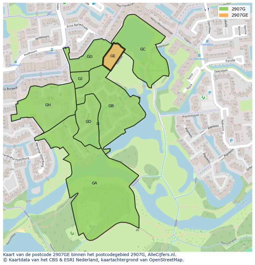 Afbeelding van het postcodegebied 2907 GE op de kaart.