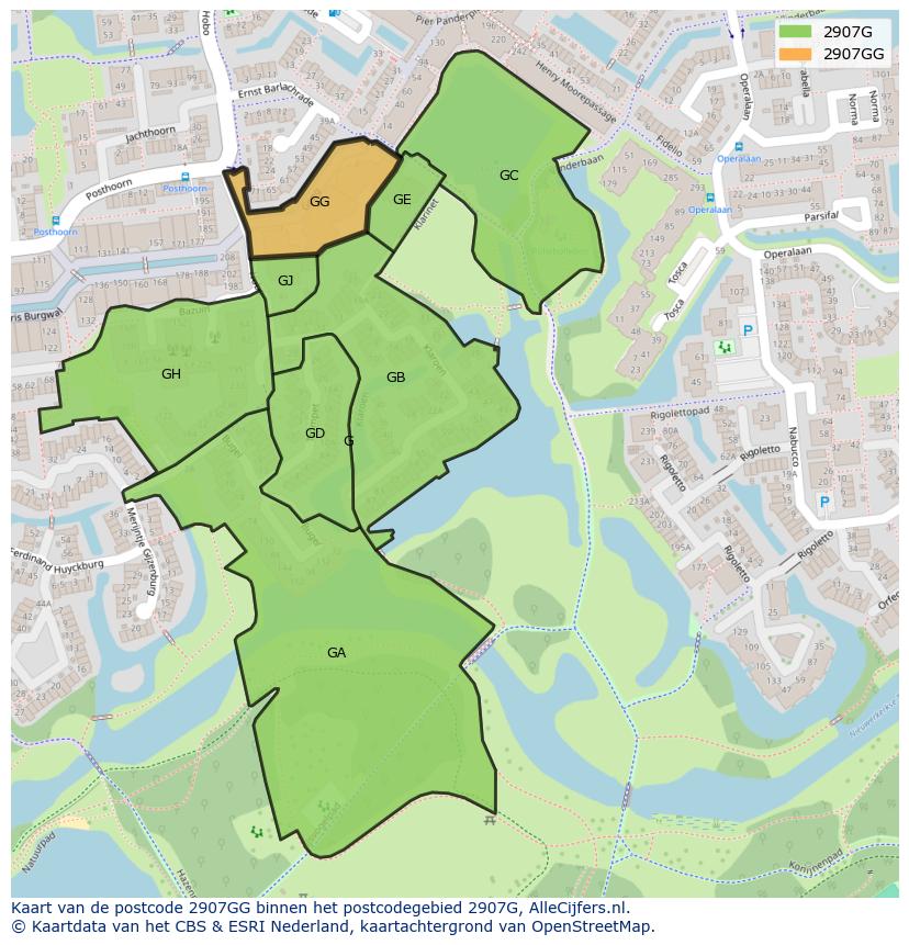 Afbeelding van het postcodegebied 2907 GG op de kaart.