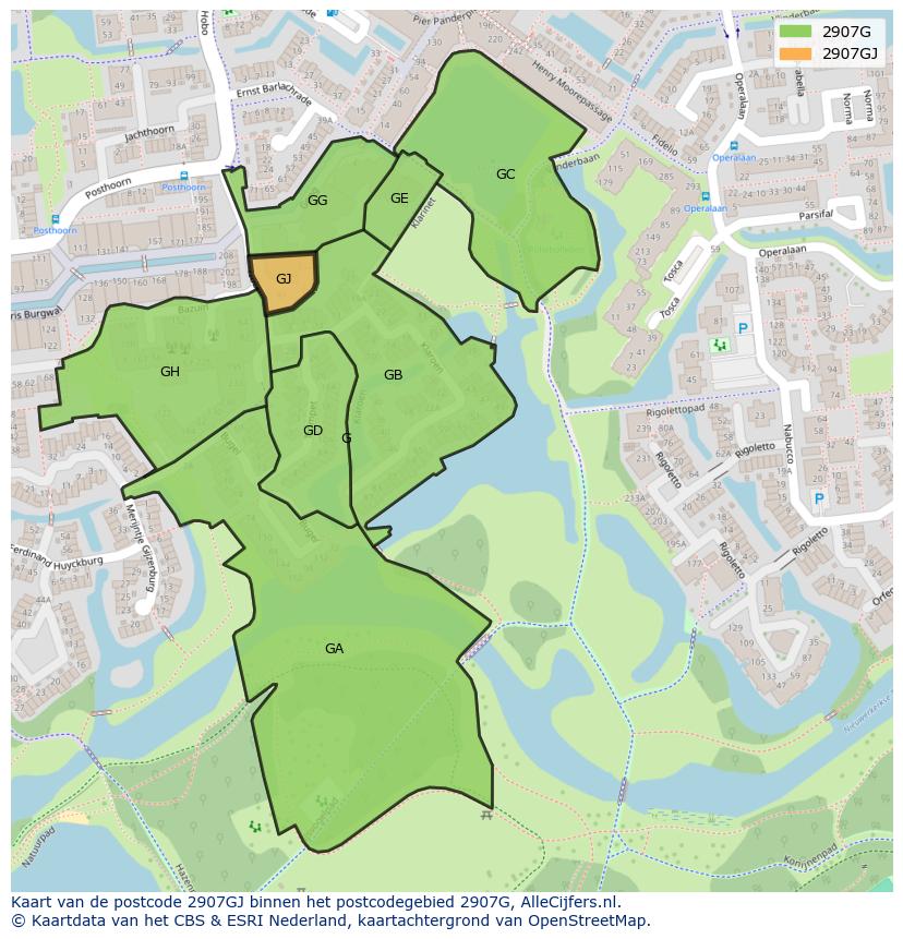 Afbeelding van het postcodegebied 2907 GJ op de kaart.