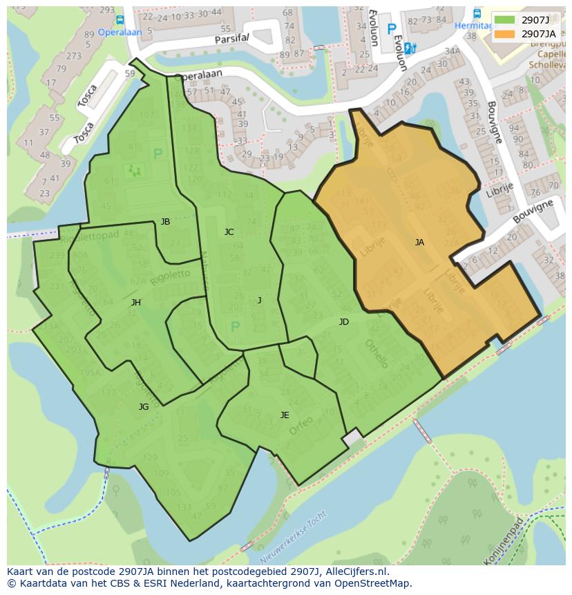 Afbeelding van het postcodegebied 2907 JA op de kaart.