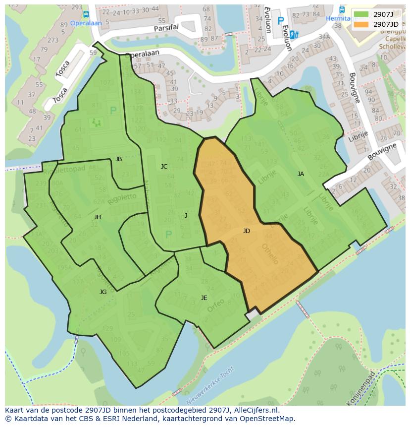 Afbeelding van het postcodegebied 2907 JD op de kaart.