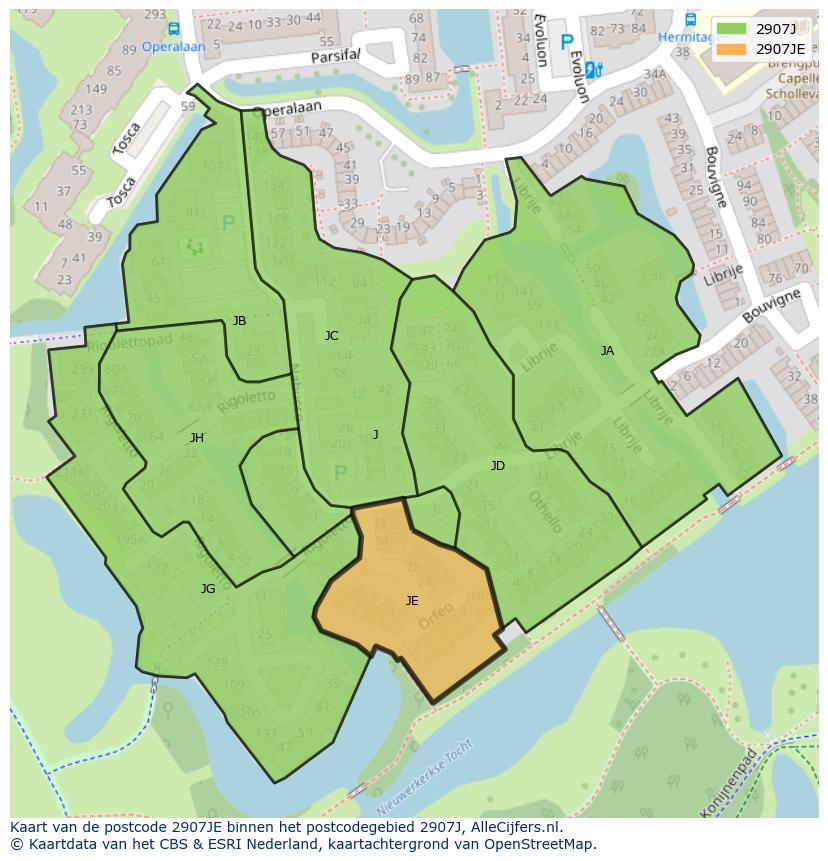 Afbeelding van het postcodegebied 2907 JE op de kaart.