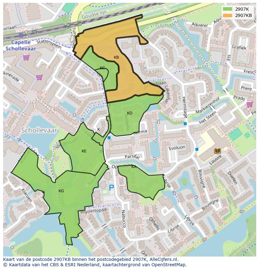 Afbeelding van het postcodegebied 2907 KB op de kaart.