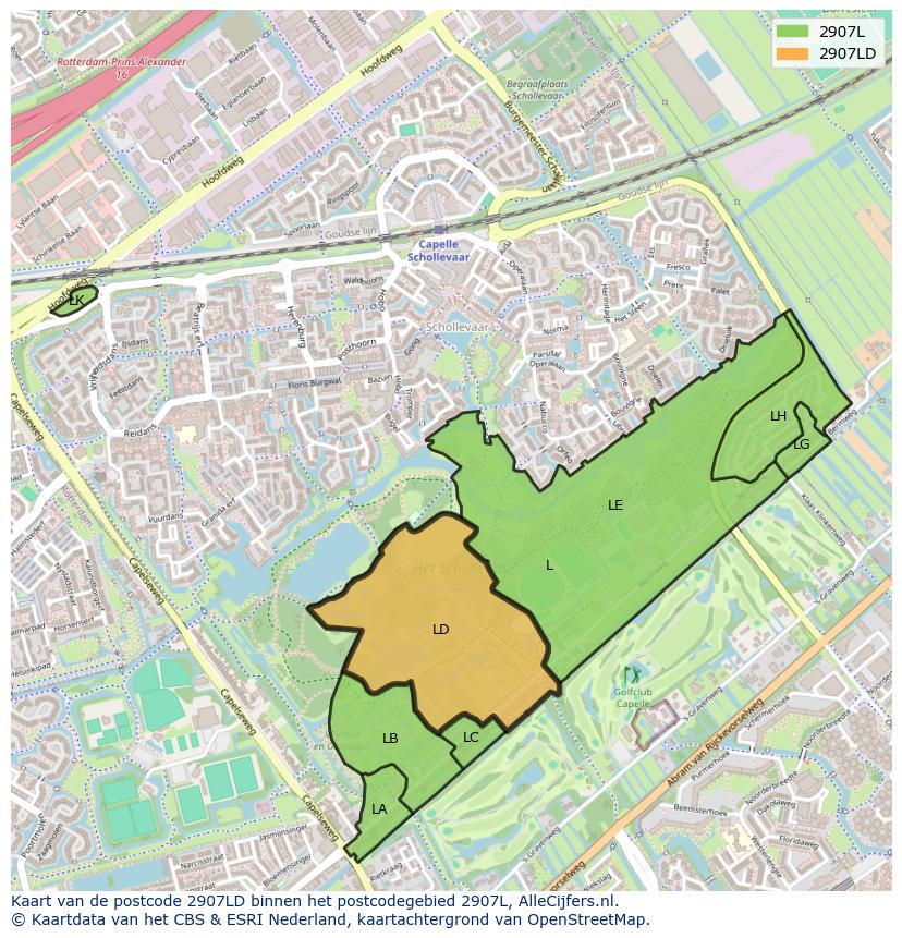 Afbeelding van het postcodegebied 2907 LD op de kaart.