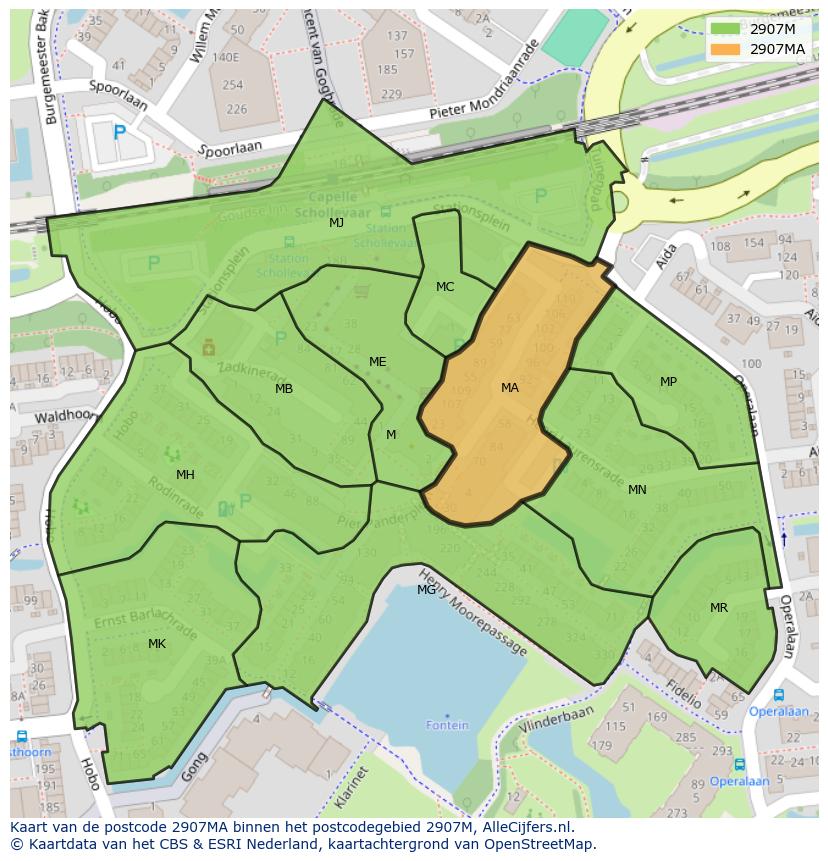 Afbeelding van het postcodegebied 2907 MA op de kaart.