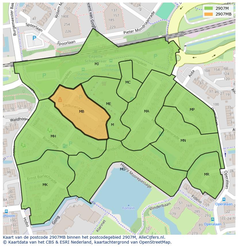 Afbeelding van het postcodegebied 2907 MB op de kaart.