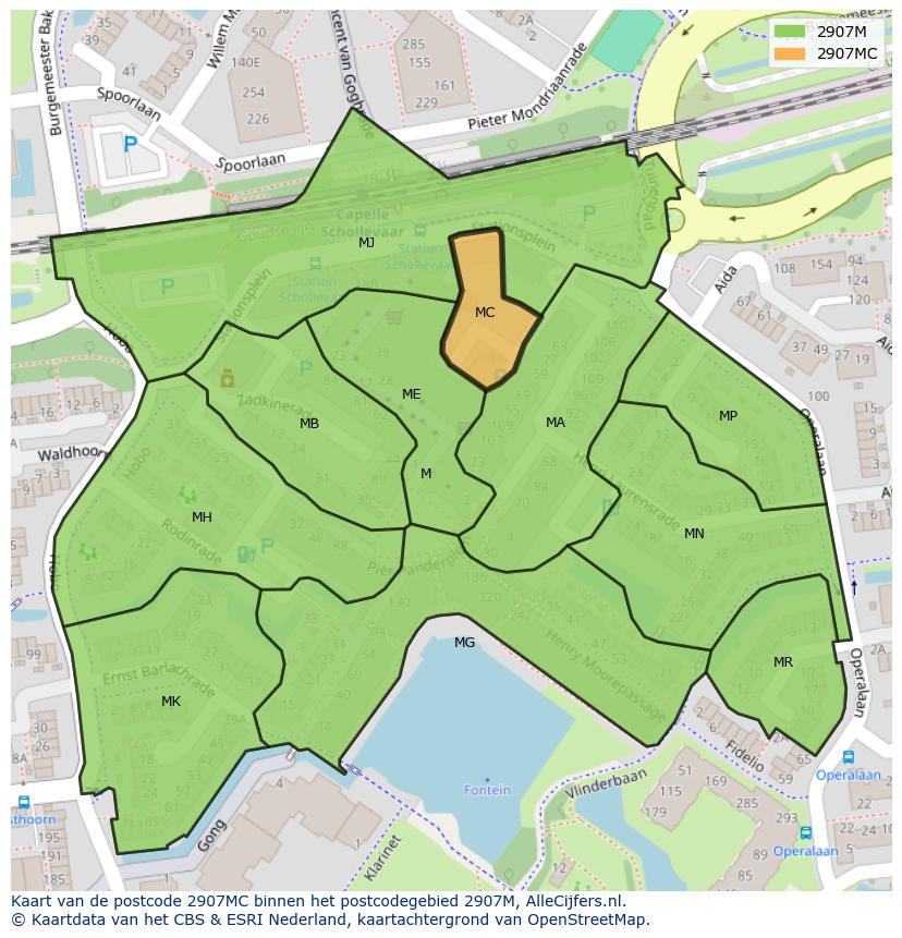 Afbeelding van het postcodegebied 2907 MC op de kaart.
