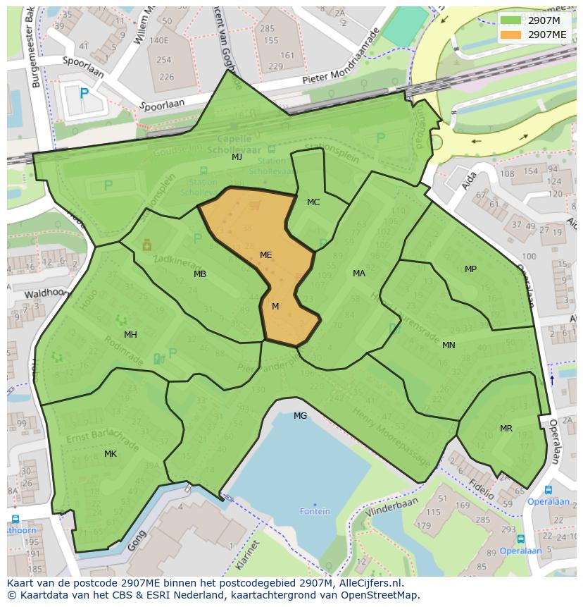 Afbeelding van het postcodegebied 2907 ME op de kaart.