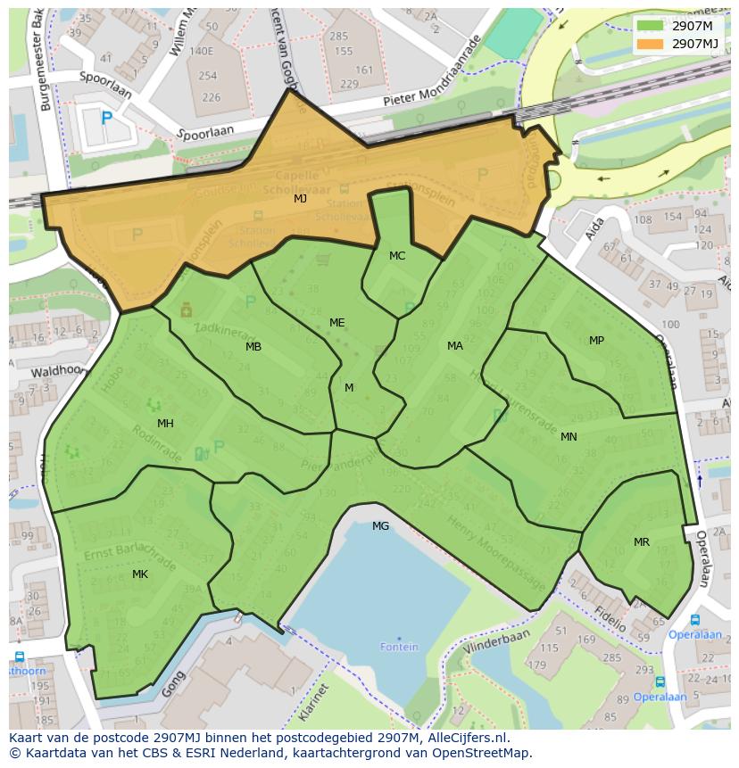 Afbeelding van het postcodegebied 2907 MJ op de kaart.