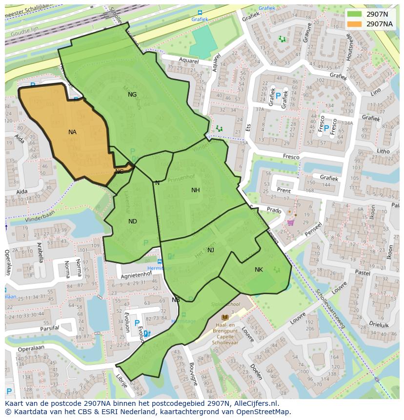 Afbeelding van het postcodegebied 2907 NA op de kaart.