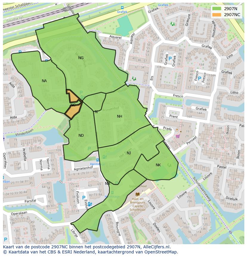 Afbeelding van het postcodegebied 2907 NC op de kaart.