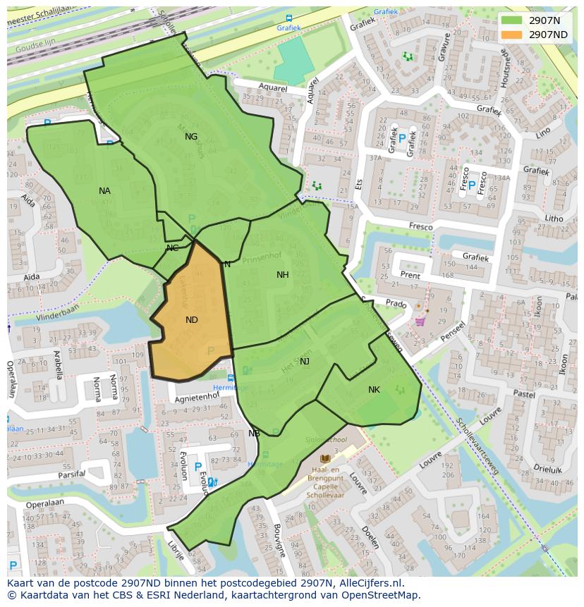 Afbeelding van het postcodegebied 2907 ND op de kaart.