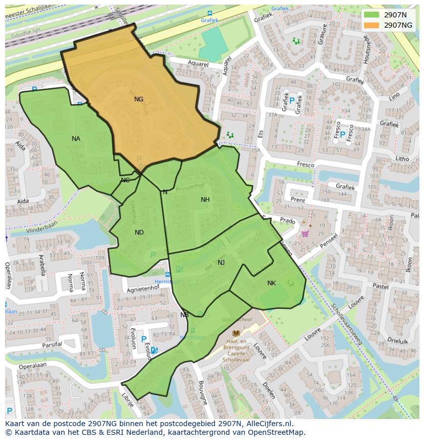 Afbeelding van het postcodegebied 2907 NG op de kaart.