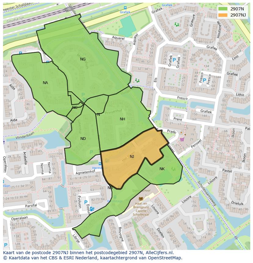 Afbeelding van het postcodegebied 2907 NJ op de kaart.