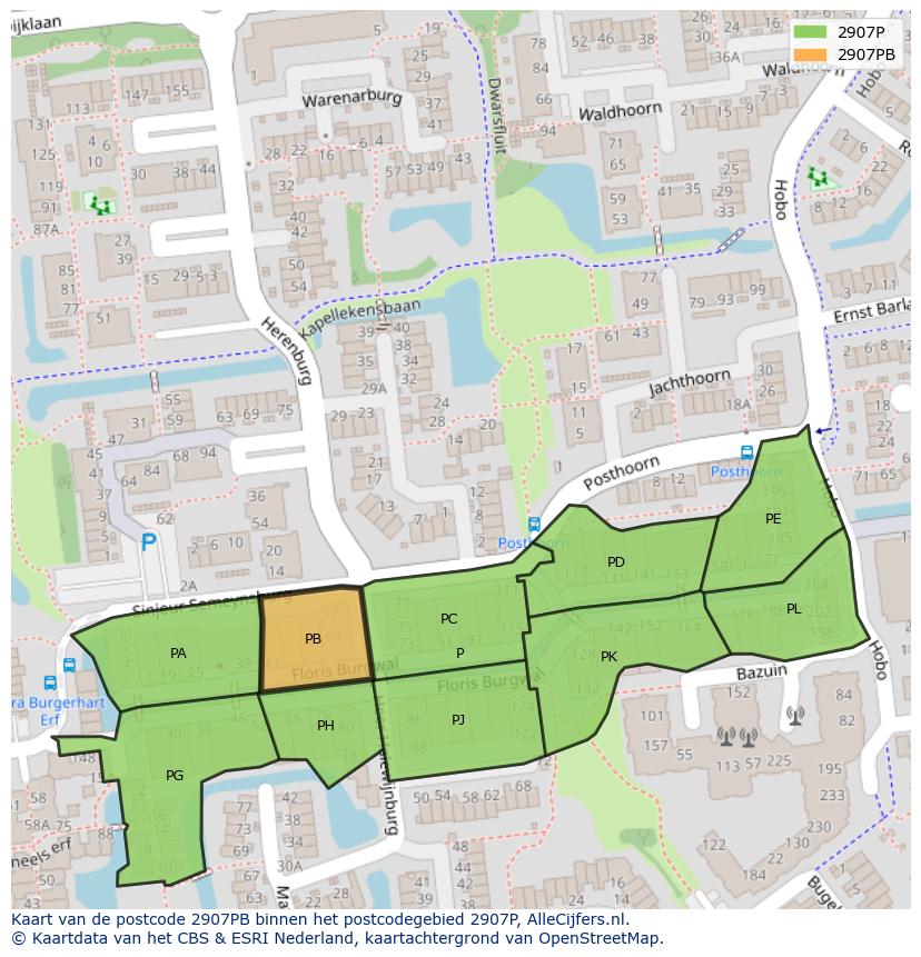 Afbeelding van het postcodegebied 2907 PB op de kaart.