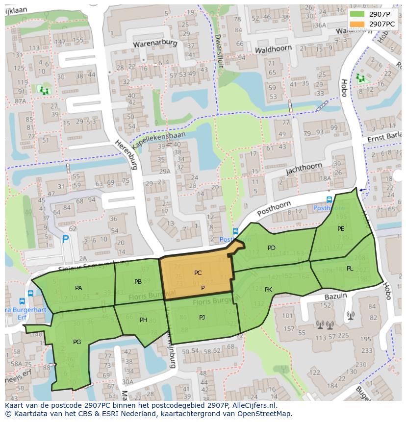Afbeelding van het postcodegebied 2907 PC op de kaart.