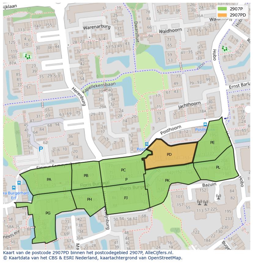 Afbeelding van het postcodegebied 2907 PD op de kaart.
